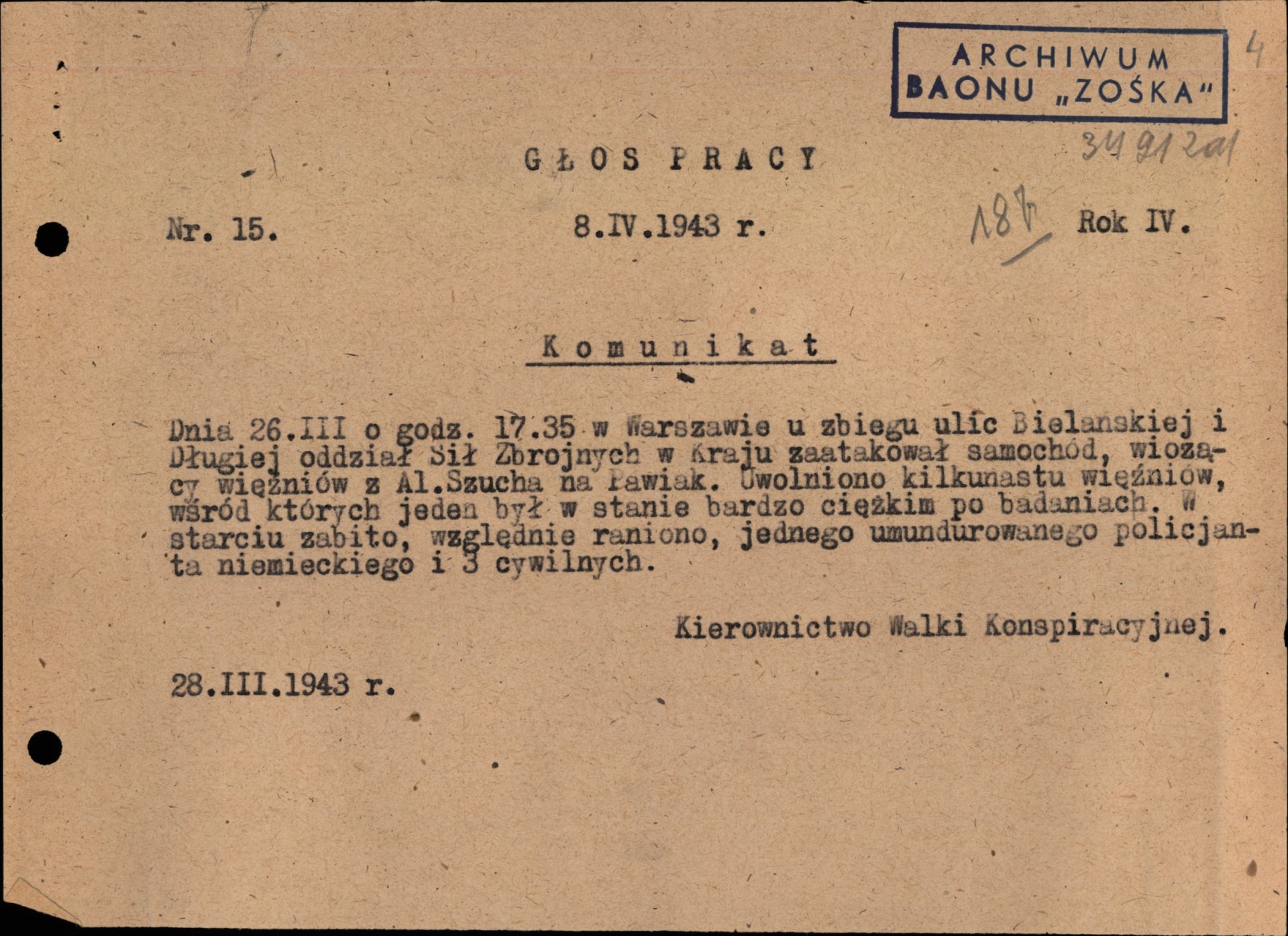 Komunikat o Akcji pod Arsenałem, w której przyjaciele Jana Bytnara „Rudego” odbili go z rąk Niemców w trakcie przewożenia na Pawiak. Z zasobu IPN