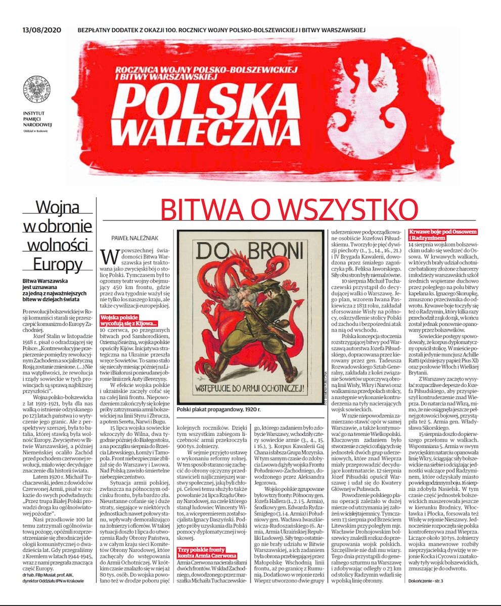 Bitwa warszawska. Dodatek prasowy do do „Dziennika Polskiego” i „Gazety krakowskiej” z 13 sierpnia 2020 - okładka