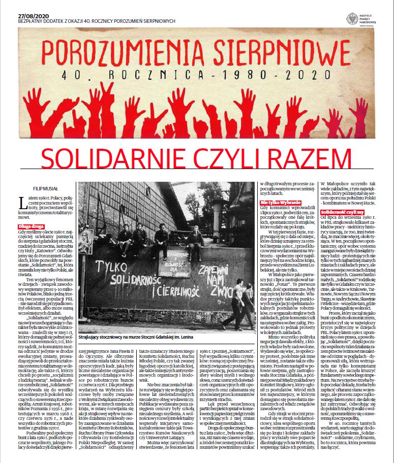 Porozumienia Sierpniowe. 40. rocznica – 1980-2020 - okładka dodatku