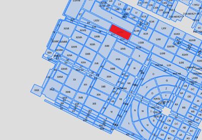 Kwatera LXXIV zaznaczona na mapce cmentarza Rakowickiego na czerwono