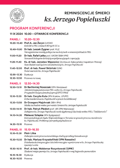 Program konferencji „Reminiscencje śmierci ks. Jerzego Popiełuszki”