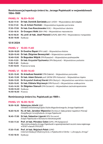 Program konferencji „Reminiscencje śmierci ks. Jerzego Popiełuszki”