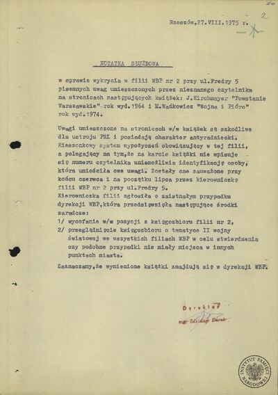 Notatka służbowa sporządzona przez Zdzisława Daraża, dyrektora Wojewódzkiej Biblioteki Publicznej w Rzeszowie, 27 sierpnia 1975 r. (z zasobu IPN)
