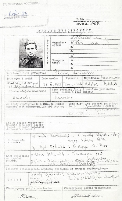 Arkusz ewidencyjny plut. Kazimierza Śliwy (Studium Polski Podziemnej, kopia dokumentu ze zbiorów Krzysztofa Tochmana)