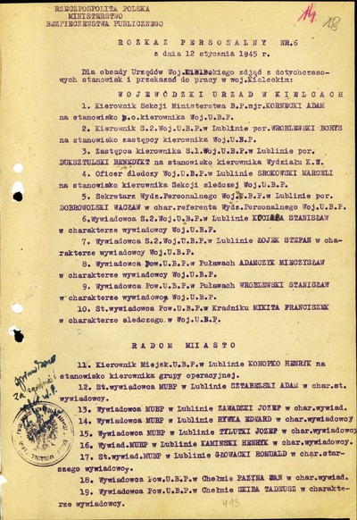 Rozkaz personalny nr 6 z 12 stycznia 1945 r. dotyczący powołania Grupy Operacyjnej na województwo kieleckie (z zasobu AIPN)