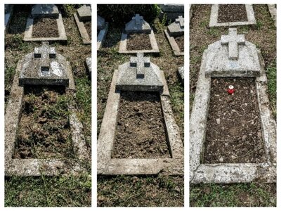 Mogiła przed, w trakcie i po uprzątnięciu (fot. Anna Żukowska)