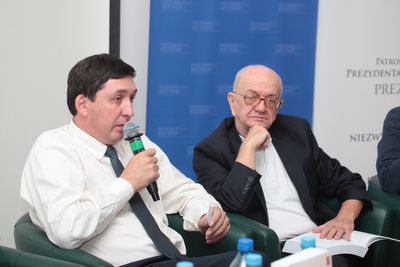 Prof. Marek Kornat, prof. Włodzimierz Suleja.  Prezentacja 31 numeru czasopisma naukowego „Pamięć i Sprawiedliwość” – Warszawa, 4 września 2018. Fot. Piotr Życieński (IPN)