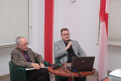 O Marii Skłodowskiej w czasie I wojny światowej opowiedzieli dr hab. Tomasz Pospieszny oraz prof. Jan Piskurewicz – 8 listopada 2018. Fot. Piotr Życieński (IPN)