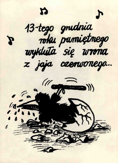 Karykatura z broszury „Stan wojenny jest stanem antywojennym...” wydanej w drugim obiegu. IPN BU 1169/195