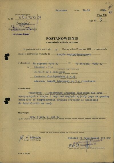 Postanowienie o zastrzeżeniu wyjazdów zagranicznych (IPN BU 0222/1460 t.)