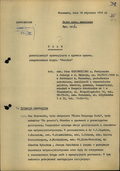 Plan przedsięwzięć operacyjnych wobec Jana Olszewskiego, str. 1 (IPN BU 0222/1460 t.) Kwestionariusz ewidencyjny kryptonim „Obrońca”