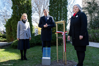 Odsłonięcie tabliczek z imionami Dębów Niepodległości przy siedzibie Wspólnoty Polskiej – Warszawa, 2 kwietnia 2019. Fot. Marcin Jurkiewicz (IPN)