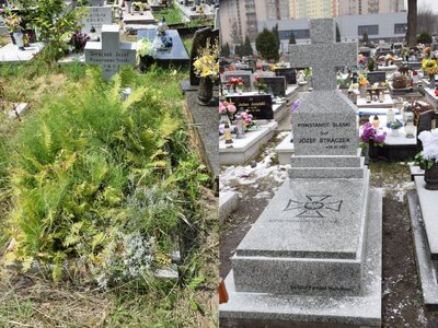 Grób Józefa Strączka przed i po remoncie