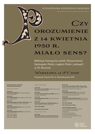 Plakat konferencji „Czy porozumienie z 14 kwietnia 1950 r. miało sens? Refleksja historyczna wokół »Porozumienia« Episkopatu Polski z rządem Polski »ludowej«. W 70 rocznicę” – Warszawa 14 kwietnia 2020