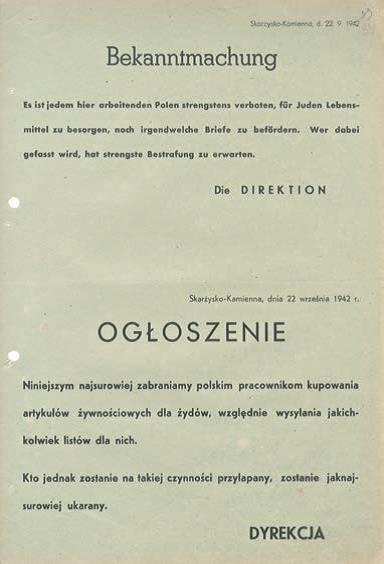 Ogłoszenie dyrekcji zakładów Hasag w Skarżysku-Kamiennej mówiące o zakazie pomagania Żydom