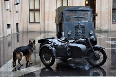 Fragment rekonstrukcji historycznej transportu więźniów na dziedzińcu budynku przy al. Szucha w Warszawie. (fot. Maciej Foks)