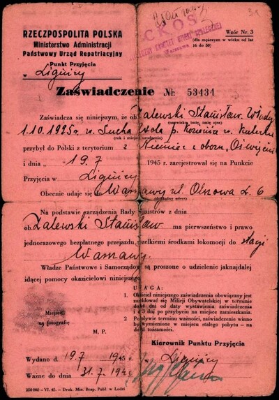 Zaświadczenie Państwowego Urzędu Repatriacyjnego. (fot. arch. S. Zalewskiego)