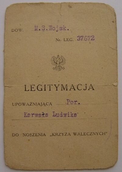 Ludwik Karwat – legitymacja uprawniająca do noszenia Krzyża Walecznych