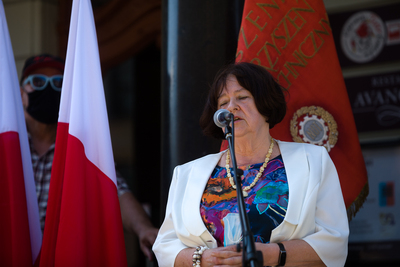 Odsłonięcie tablicy poświęconej Armii Ochotniczej 1920 r. na budynku Warszawskiego Domu Technika – 12 sierpnia 2020. Fot. Sławek Kasper (IPN)