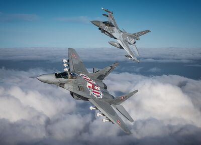 Polski Mig-29 z 23 Bazy Lotnictwa Taktycznego w Mińsku Mazowieckim, z godłem Dywizjonu 303 oraz  polski F-16 z 31 Bazy Lotnictwa Taktycznego w Poznaniu – Krzesinach, z godłem Dywizjonu 302 „Poznańskiego”. Fot. Piotr Łysakowski.