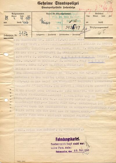 Telegram zawiadamiający o ucieczce Tomasza Serafińskiego (Witolda Pileckiego) z KL Auschwitz w dniu 27.4.1943 roku, z komanda Bäckerei Landsmann (źródło: Archiwum PMA-B. Telegramy o ucieczkach, t. 1 k. 116)