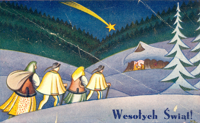 Kartka świąteczna, prawdopodobnie wydana przed wojną przez Wydawnictwo Salonu Malarzy Polskich. AIPN Katowice