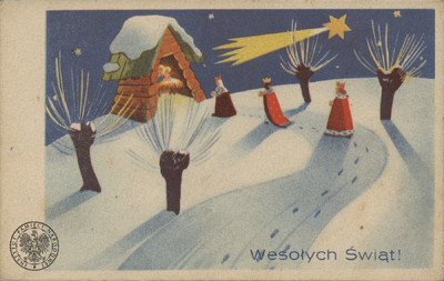 A IPN Ki 297/1/KE [k. 95] – Karta pocztowa o tematyce bożonarodzeniowej „Wesołych Świąt” wydana przez Graphische Kunstanstalt „Akropol” Krakau (Instytut Grafiki „Akropol” Kraków). Dar prywatny: Kazimierza Bartla