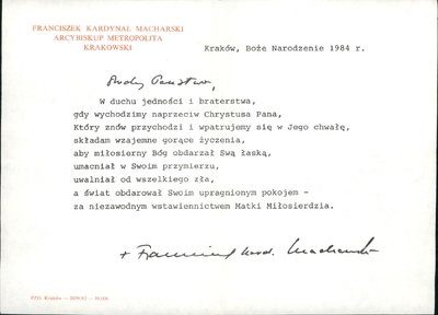 IPN Po 1296/26 - Listy od kardynała Franciszka Macharskiego do Marka Lenartowskiego (m.in. podczas jego internowania) (Dar prywatny: Marek Lenartowski); autor; kardynał Franciszek Macharski; źródło: AIPN Poznań