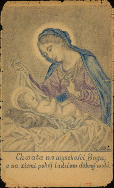 Kartka świąteczna z 1946, rys. Stefan Dutka. Ze zbiorów AIPN Kraków