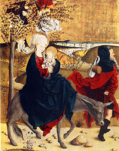 Kartka świąteczna. Fragment ołtarza z opactwa Mondsee, skrzydło wewnętrzne, scena Ucieczka do Egiptu. Koniec XV w. Ze zbiorów AIPN Kraków