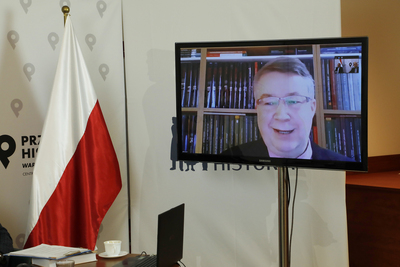 Dr Wojciech Frazik podczas dyskusji wokół książki „Henryk Sławik 1894–1944. Biografia socjalisty” – 3 lutego 2021. Fot. Piotr Życieński (IPN)