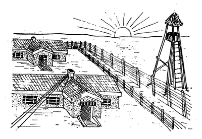 Szkic żeńskiej części obozu narysowany na podstawie relacji Agnieszki Szynol (Kazior) po jej powrocie z deportacji (zbiory prywatne)