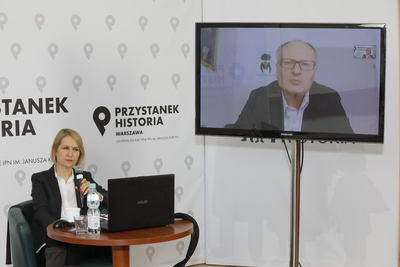 Barbara Stanisławczyk-Żyła i Paweł Lisicki. Dyskusja „Libido dominandi jako metoda manipulacji społecznej” z cyklu „Polska na froncie sporów cywilizacyjnych” – 18 lutego 2021. Fot. Piotr Życieński (IPN)