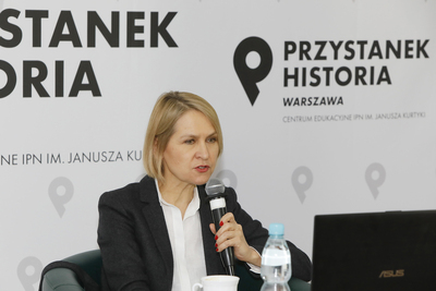 Barbara Stanisławczyk-Żyła. Dyskusja „Libido dominandi jako metoda manipulacji społecznej” z cyklu „Polska na froncie sporów cywilizacyjnych” – 18 lutego 2021. Fot. Piotr Życieński (IPN)