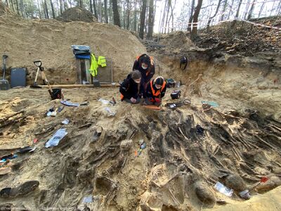 Prace ekshumacyjne prowadzone przez Biuro Poszukiwań i Identyfikacji IPN przy ul. Skierdowskiej w Warszawie – 25 marca 2021. Fot. BPiI IPN