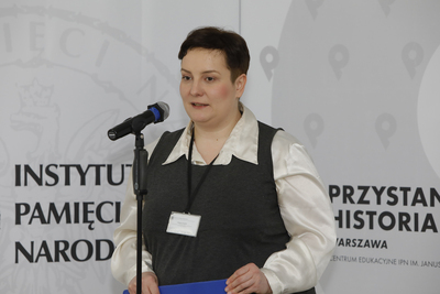 Barbara Pamrów, zastępca naczelnika CE IPN im. Janusza Kurtyki „Przystanek Historia” w Warszawie podczas premiery filmu „Kasztanka” – 26 marca 2021. Fot. Piotr Życieński (IPN)