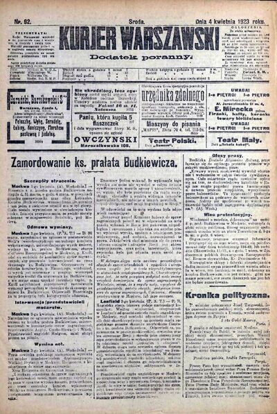 Informacja o męczeńskiej śmierci ks. Budkiewicza w "Kurierze Warszawskim"
