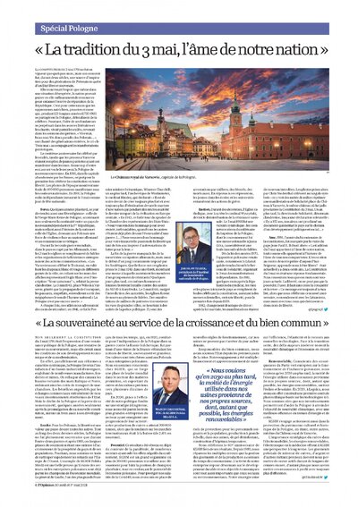 Fragment wydania dziennika „L’Opinion” (30 kwietnia – 1 maja 2021) z artykułem dr. Jarosława Szarka, prezesa IPN