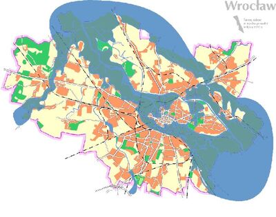 Fot. 1. Tereny zalane podczas powodzi w 1997 roku we Wrocławiu - zaznaczone kolorem niebieskim. Serwis internetowy Urzędu Miejskiego Wrocławia (www.wroclaw.pl)