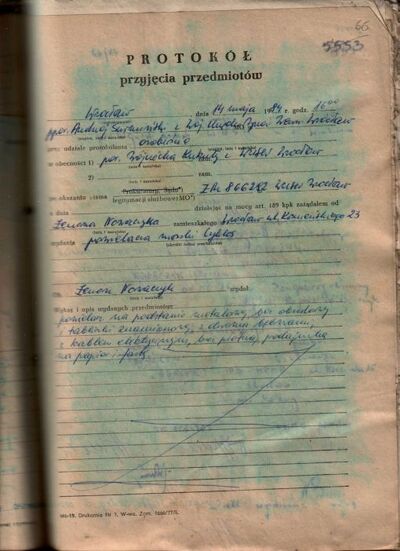 Fot. 12. Skanogram karty z akt zalanych - formularz wypełniony pismem ręcznym. AIPN Wr 18/57 t. 26, s. 66.