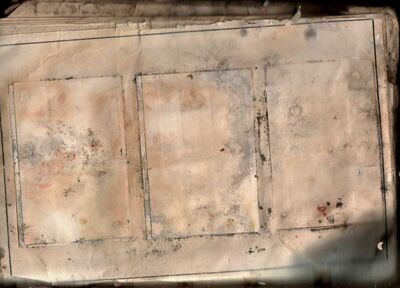 Fot. 22. Skanogram zniszczonych przrz wilgoć materiałów dowodowych - fotografie przylegajacych stron sklejone razem (widoczny rewers fotografii następnej strony), z wyraźnie widocznymi na powierzchni koloniami gzrybów. AIPN Wr 18/57 t. 20, s. 181v.