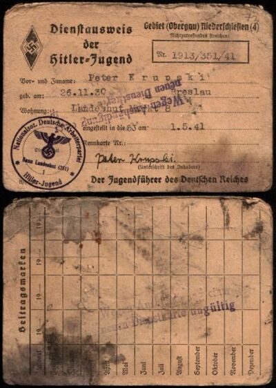 Fot. 5. Dienstausweis der Hitler-Jugend na nazwisko Peter Krupski, awers i rewers. AIPN 7/10