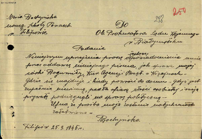 Pismo Marii Bochyńskiej do WPG w Białymstoku z 25 września 1945 r. (zbiory IPN)