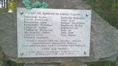 Tablica upamiętniająca rozstrzelanie przez Niemców - za udzielanie pomocy leśnym oddziałom Polski Walczącej - 17 mieszkańców Podstoły Żabieńca. Fot. Wikimedia Commons/Romuald Sadowski – praca własna (CC BY-SA 4.0)