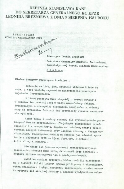 Obszerna depesza Kani do Breżniewa z 9 sierpnia 1981 r. (1)