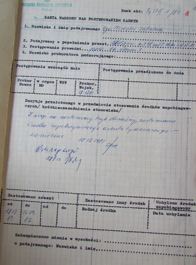 Karta nadzoru nad postępowaniem karnym w sprawie Mirosława Sataleckiego. Z zasobu IPN
