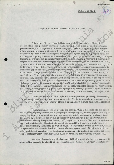 Oświadczenie o przekształceniu KOR w KSS KOR