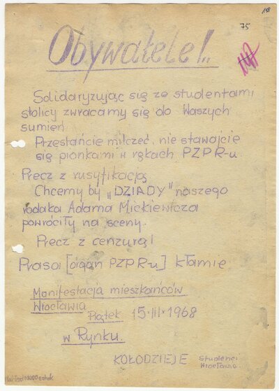 Marzec `68. Odezwa studentów do mieszkańców Wrocławia. Z zasobu IPN