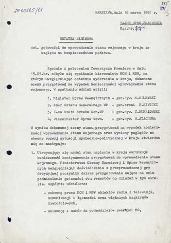 Notatka służbowa dotycząca gotowości do wprowadzenia stanu wojennego