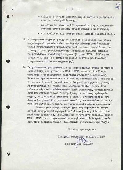 Notatka służbowa dotycząca gotowości do wprowadzenia stanu wojennego